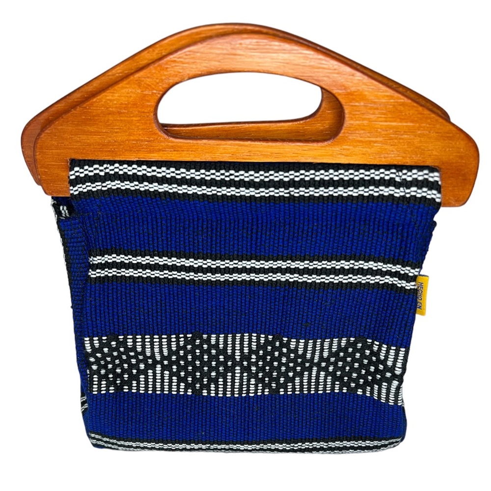 Handmade loom-woven, wooden top handled bag